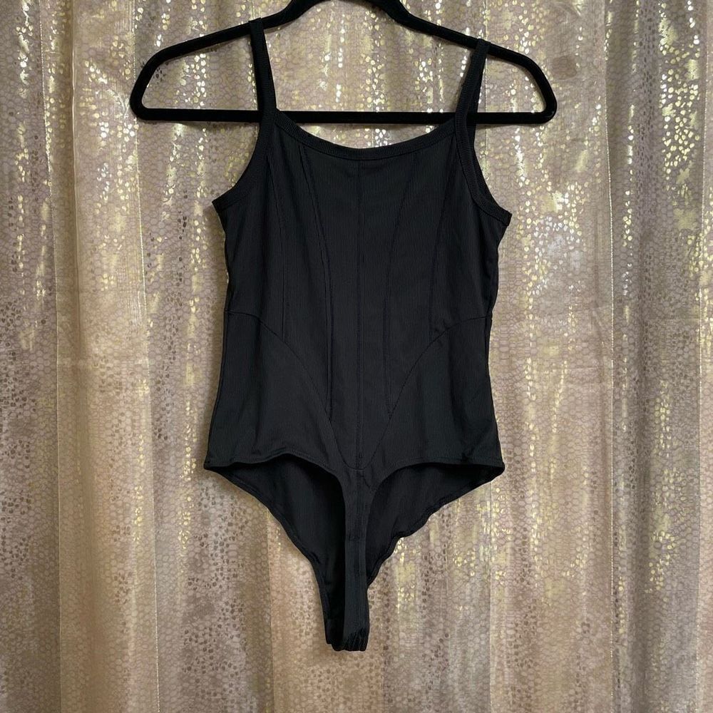 Intimately Free People Black Ribbed Thong Back Bodysuit, S - Picture 2 of 6